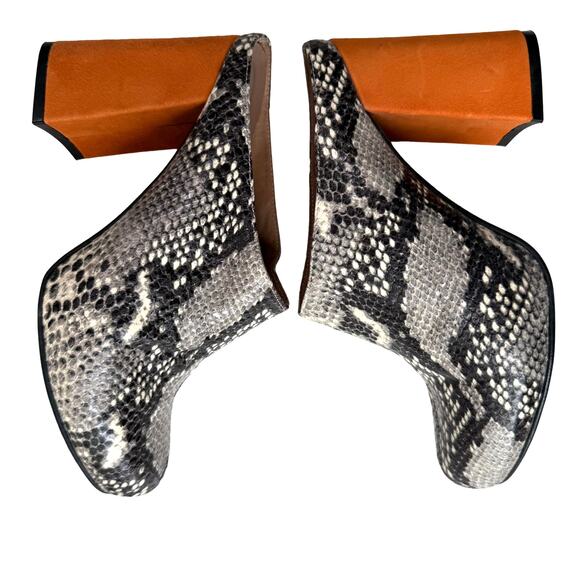 Shellys Snake Print Leather Clogs US 7.5 Chunky Block Heel Mob Wife 70s Vibe SEE - Picture 5 of 14